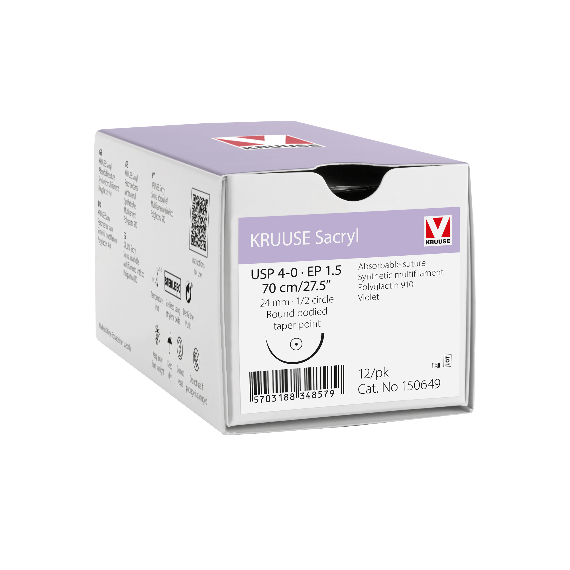 KRUUSE Sacryl Suture, USP 4-0/EP 1.5, 70 cm/27.5", violet, 2