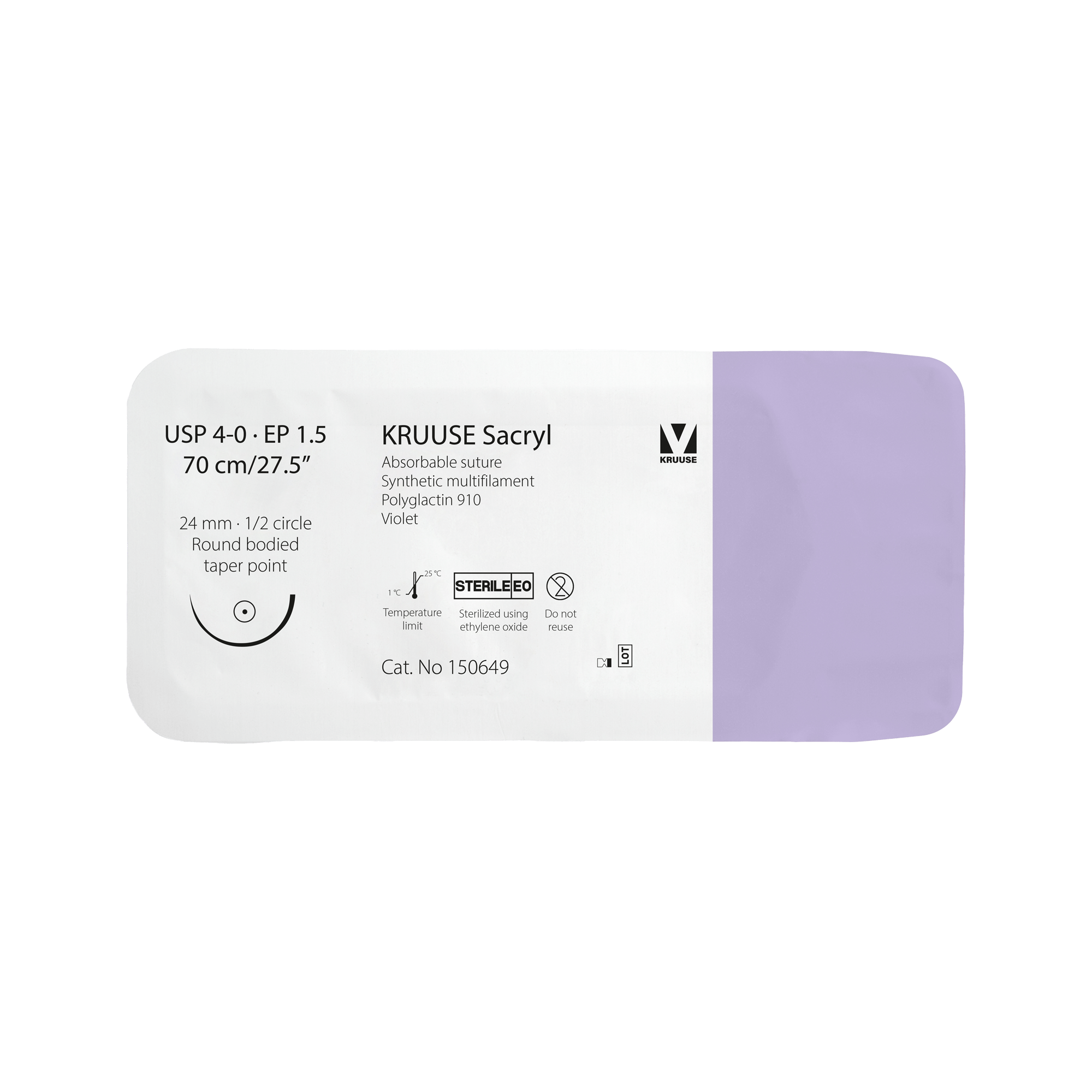 KRUUSE Sacryl Suture, USP 4-0/EP 1.5, 70 cm/27.5", violet, 2