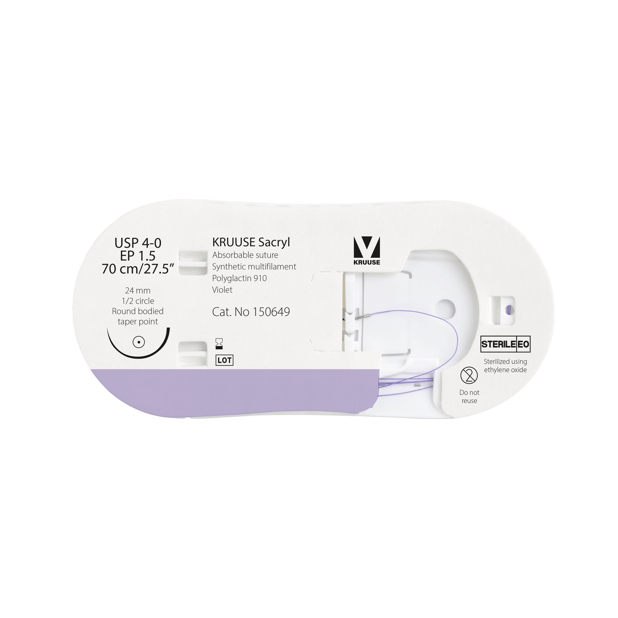 KRUUSE Sacryl Suture, USP 4-0/EP 1.5, 70 cm/27.5", violet, 2